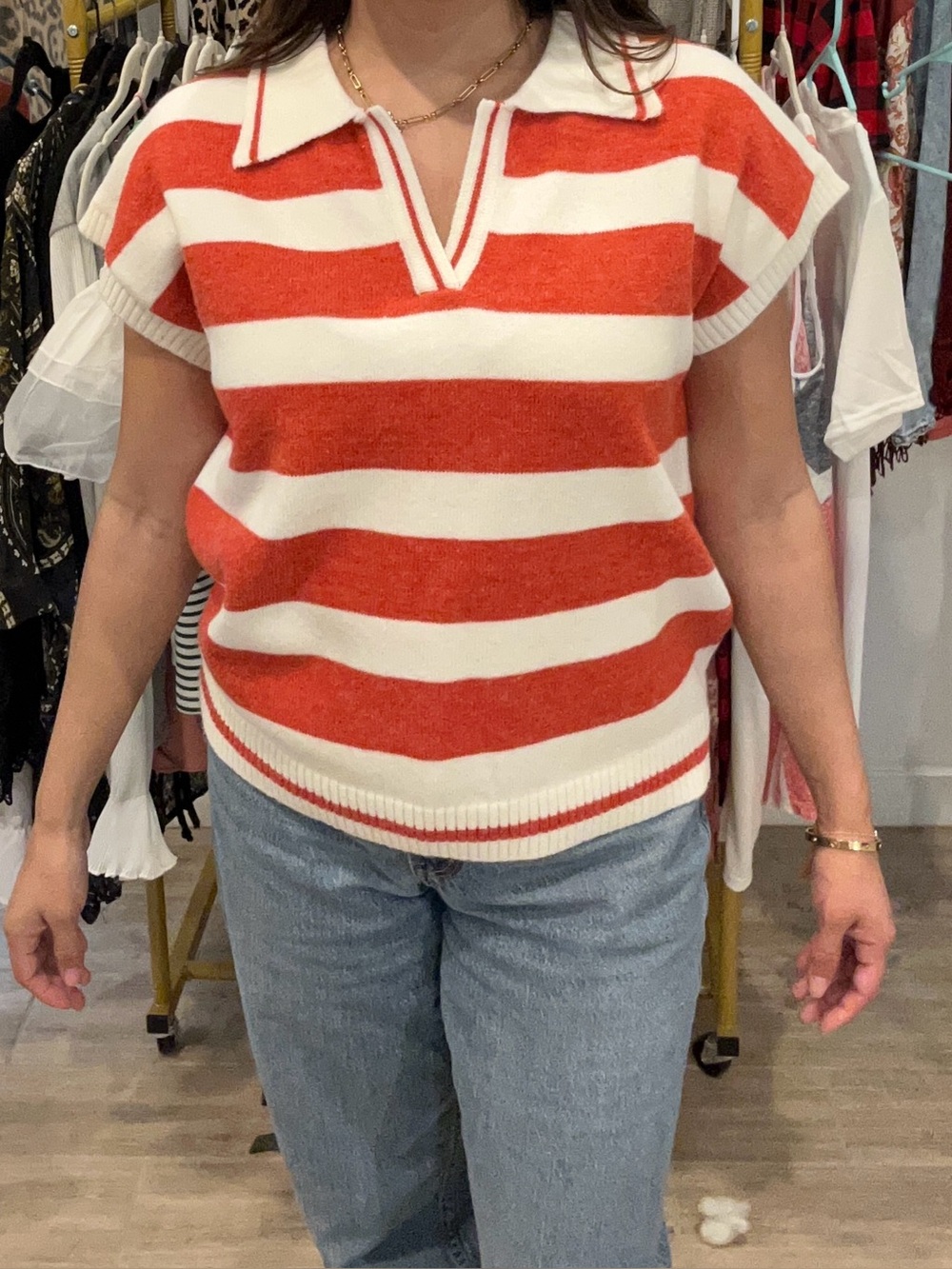 Zenana Women’s Orange White Stripe Polo Oversized Knit Short Sleeve Top TW-2767Y
